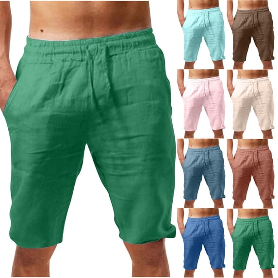 Sakmal Mens Shorts Cotton Linen Bermuda Knee Length with Pockets Vacation Blue 9 Inch Solid Mens Shorts L