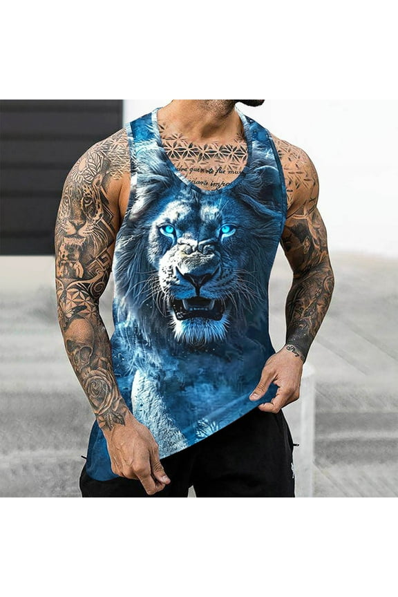 Mens Tank Tops Summer Blue Scoop Neck Blue Lightweight Camisole Graphic Stringer Lion Muscle Mens Sleeveless Tee Shirts