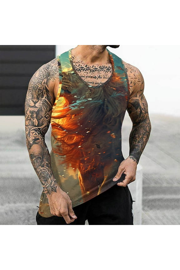 Mens Tank Tops Summer Scoop Neck Orange Orange Lightweight Stringer Camisole Lion Graphic Muscle Mens Sleeveless Shirts