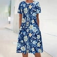 thumbnail image 1 of Sakmal Mid-Length Casual Dresses for Women Blue Crew Neck Basic Short Sleeve Floral Shift Dress, 1 of 5