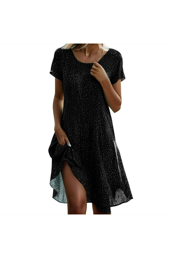 Mid-Length Dresses for Women 2024 Casual Spring V-Neck Black Flowy Lightweight Short Sleeve Polka Dot Shift Dress