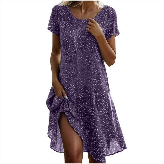 Sakmal Mid-Length Dresses for Women 2024 Casual Spring V-Neck Purple Lightweight Short Sleeve Flowy Polka Dot Shift Dress