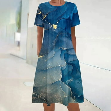 Sakmal Mid-Length Dresses for Women 2024 Crew Neck Blue Basic Graphic Short Sleeve Shift Dress