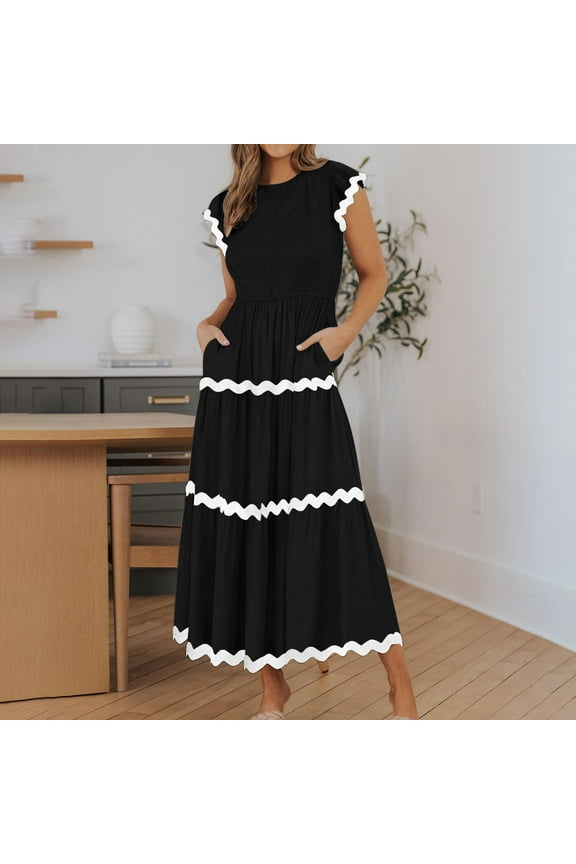 Mid-Length Dresses for Women Black Crew Neck Loose Fit Pleated Short Sleeve Solid Shift Dress