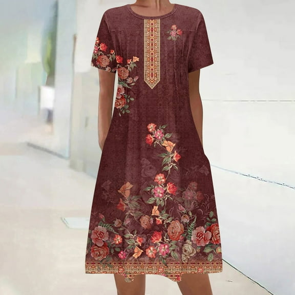 Sakmal Mid-Length Dresses for Women Elegant Red Crew Neck Short Sleeve Floral Basic Shift Dress