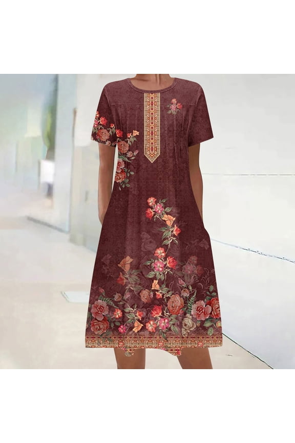 Mid-Length Dresses for Women Elegant Red Crew Neck Short Sleeve Floral Basic Shift Dress