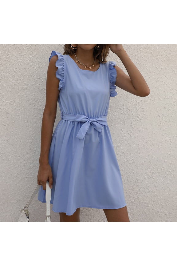 Mid-Length Summer Dresses for Women 2024 Trendy Blue Square Neckline Sleeveless Ruffle Pleated Solid Shift Dress