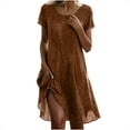 thumbnail image 1 of Sakmal Mid-Length Summer Dresses for Women Brown V-Neck Polka Dot Short Sleeve Flowy Lightweight Shift Dress, 1 of 5