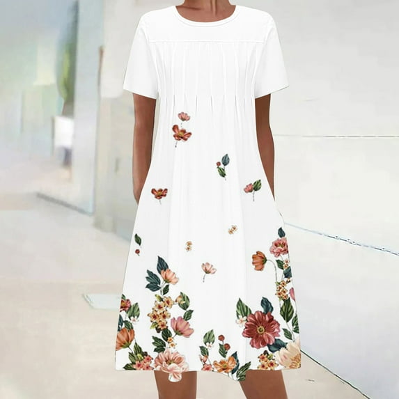 Sakmal Mid-Length Summer Dresses for Women Under $10 White Crew Neck Basic Floral Short Sleeve Shift Dress