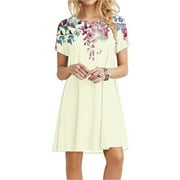 Sakmal Mid-Length Summer Dresses for Women Crew Neck Floral Short Sleeve Basic Loose Fit Sundress