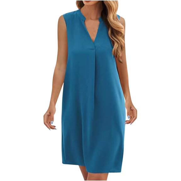 Sakmal Mid-Length Sundresses for Women 2024 V-Neck Blue Comfy Solid Sleeveless Loose Fit Shift Dress