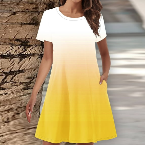 Sakmal Mid-Length Womens Summer Dresses Crew Neck Yellow Loose Fit Gradient Short Sleeve with Pocket Basic Shift Dress