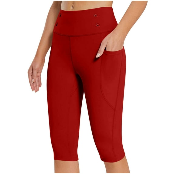 Sakmal Mid Rise Leggings Women Red Soft Compression Yoga Pants Short Workout Solid Leggings with Pockets