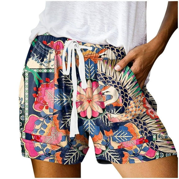 Sakmal Shorts Womens Red 5" Floral Print Hawaiian Beach Vacation Shorts with Pockets