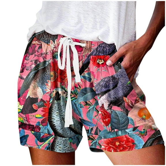 Sakmal Shorts Women 5" Pink Hawaiian Beach Vacation Floral Print Shorts with Pockets