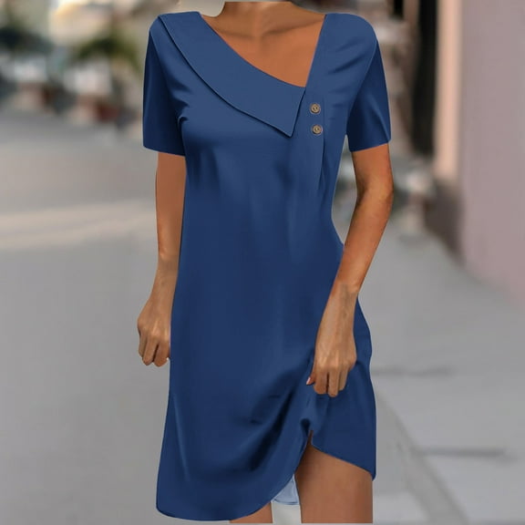 Sakmal Midi Cocktail Dresses for Women Church Semi Formal Blue Dress Short Sleeve V Neck Shift Dresses