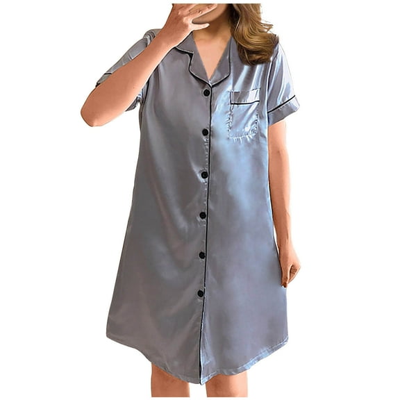 Sakmal Midi Shirt Dresses for Women Leisure Comfy Blue Dress Solid Collared Short Sleeve Dresses