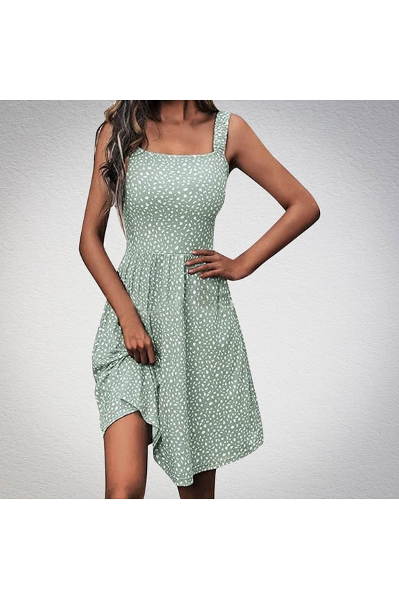 Midi Spring Dresses Square Neckline Sundress Sleeveless Green Dresses ,Sizes S-2XL