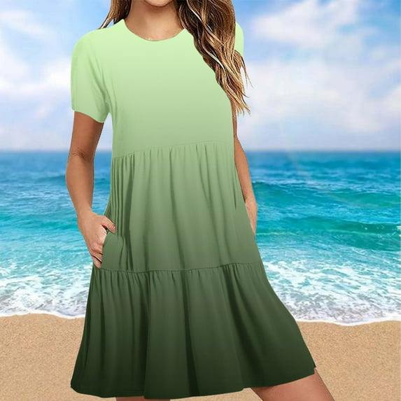 Sakmal Midi Summer Dresses for Women Green Vacation T Shirt Dress Short Sleeve A Line Dresses with Pockets