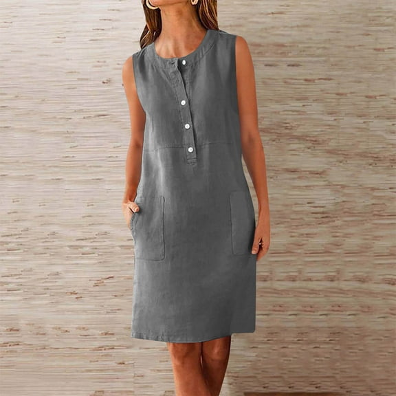 Sakmal Midi Womens Dresses Crew Neck Shirt Dress Sleeveless Gray Dresses ,Sizes S-2XL