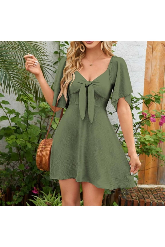 Mini Spring Dresses T Shirt Green Tie Front Petite Dress Short Sleeve A Line Sweetheart Dresses