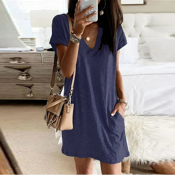 Sakmal Mini Womens Dresses Spring Petite T Shirt Blue Dress V Neck Short Sleeve Dresses with Pockets
