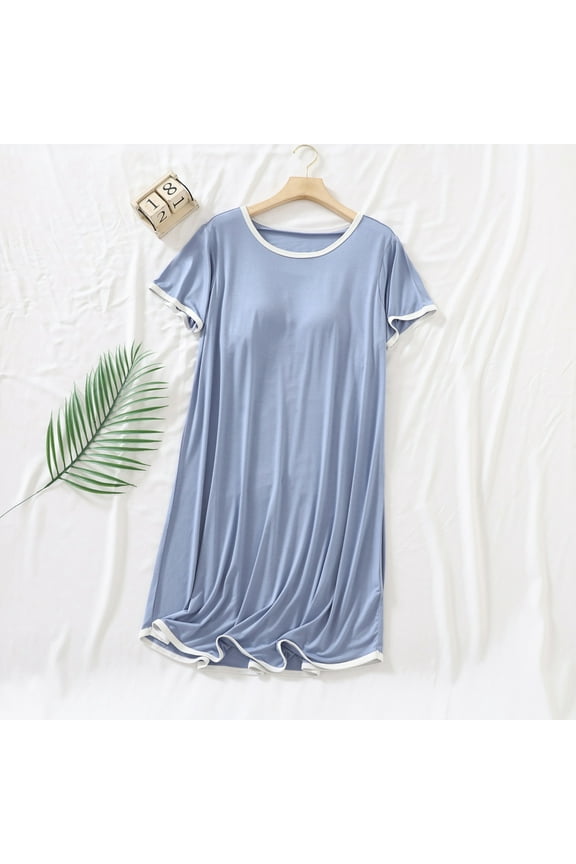 Modal Moomoo Nightgowns for Women Lightweight Blue Playful Night dress Crew Neck Long Solid Short Sleeve Nightgowns M-2XL