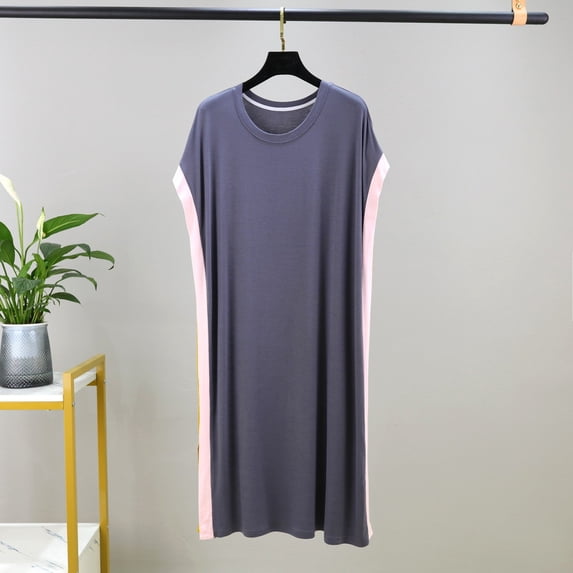Sakmal Modal Womens Nightgown Knee Length Lounge Colorblock Short Sleeve Nightdress Crew Neck Soft Comfy Loose Fit Women's Sleepwear L-3XL