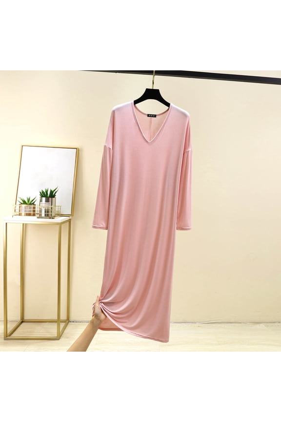 Modal Womens Nightgowns Pink Moo Moo V Neck Sleepwear Long Sleeve Ladies Nightgowns 5X