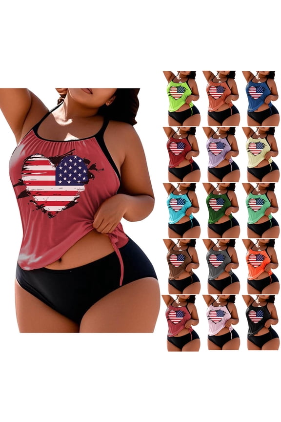 Modest Tankini Btahing Suits for Women Plus Size Padded Swimwear Green Beach American Flag Womens Swimsuits L