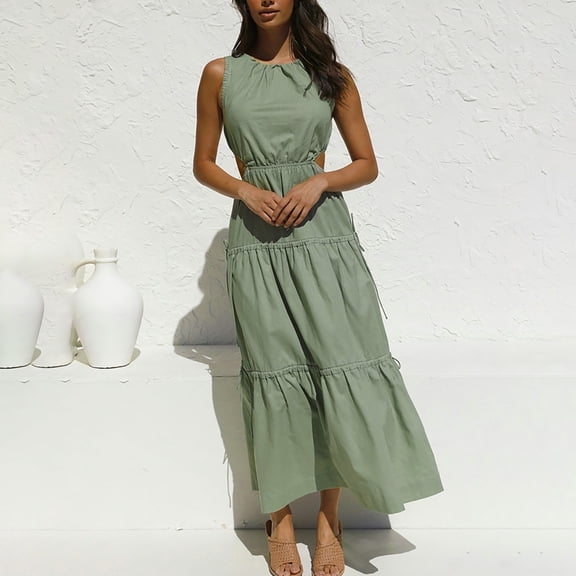 Sakmal Month Dresses Deal Dresses Maxi Gray Solid Tiered Crew Neck Sleeveless Cutout Ladies Dresses