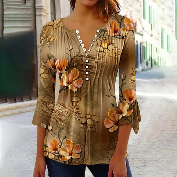 Sakmal Month Top Deal 3/4 Sleeve Gold V-Neck Button Floral Tunic Womens T Shirts