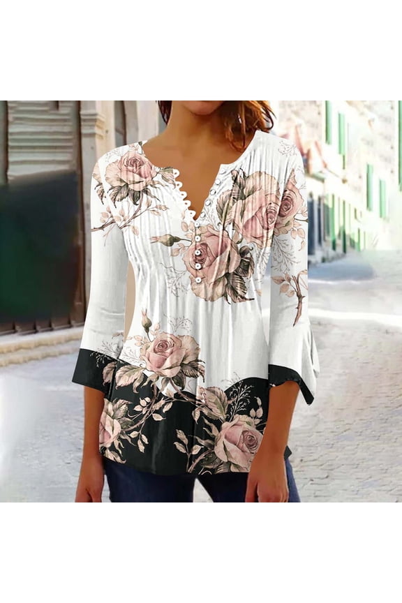 Month Top Deal 3/4 Sleeve White V-Neck Button Floral Flower Tunic Essentials Women'S