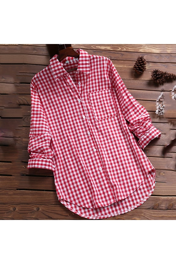 Month Top Deal Red Long Sleeve Button Collared Tunic Plaid Button-Up Shirts Womens Shirts for Summer