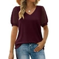 thumbnail image 1 of Sakmal Month Top Deal Red Short Sleeve V-Neck Solid Puff Sleeves T-Shirts Womens Shirts Under $5, 1 of 7