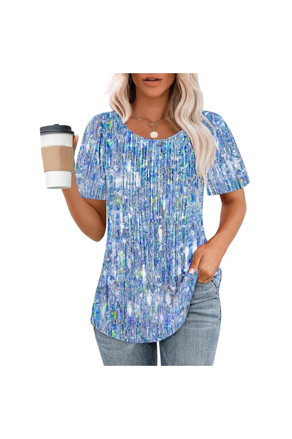 Month Tops Deal for Womens Blue Short Sleeve V-Neck Glitter Pleated Tunic Shirts for Ladies