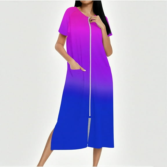 Sakmal Moo Moo Nightgowns for Women Zip Up Sleepwear Short Sleeve with Pockets Crew Neck Blue Ladies Nightgowns L