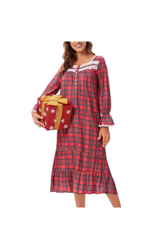 Moo Moos for Women Nightgown Short Sleeve Loungewear Summer Plaid Square Neckline Ladies Nightgown L
