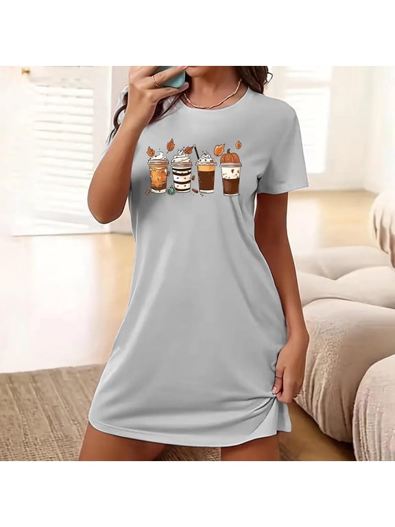 Moo Moos for Women Nightgown Spooky Season Comfy Gray Short Sleepshirt Pumpkin Print Short Sleeve Nightgowns for Women
