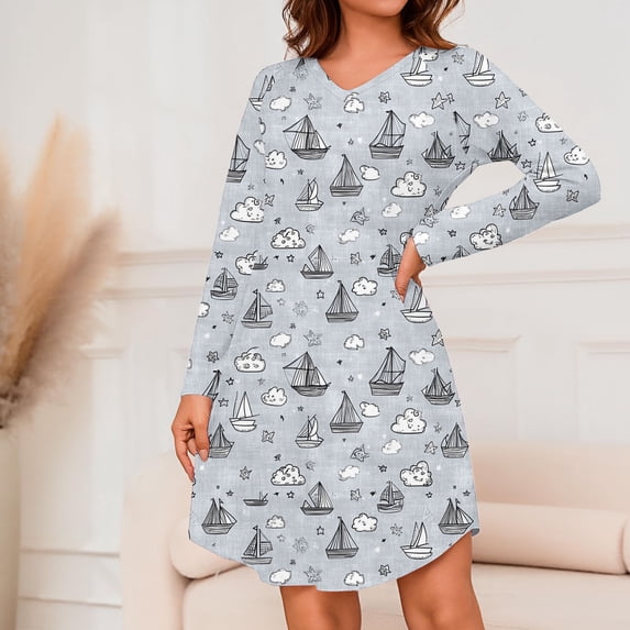 Sakmal Moo Moos for Women Short Gray Comfy Sleepshirt Print Long Sleeve Nightgowns for Women