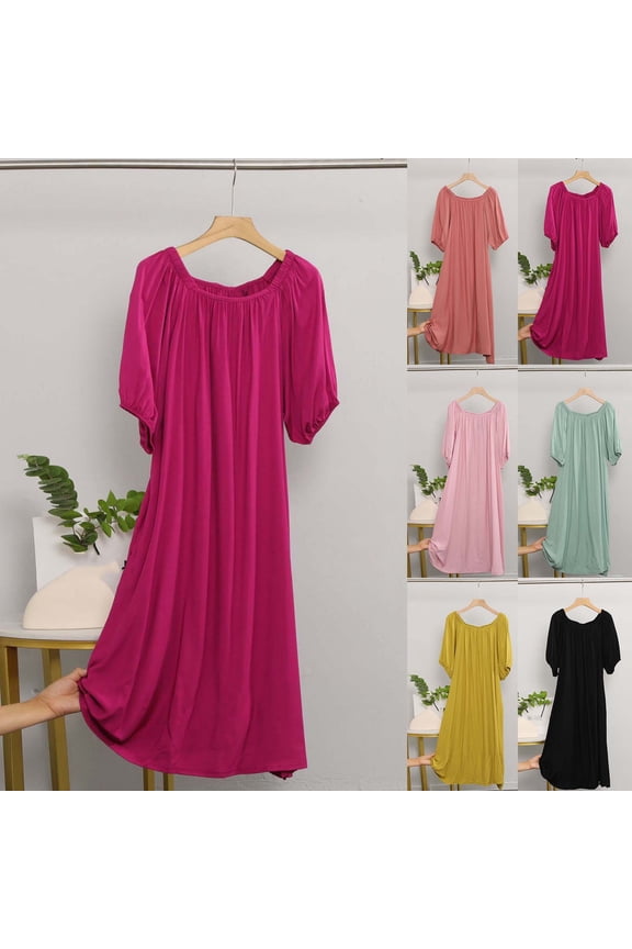 Moo Moos for Women Short Sleeve Cotton Mumu Dress Crew Neck Casual Solid Ladies Nightgown L