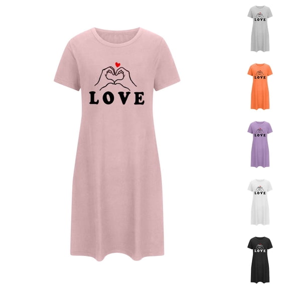 Sakmal Moo Moos for Women Short Sleeve Love Print Mumu Dress Crew Neck Casual Ladies Nightgown L