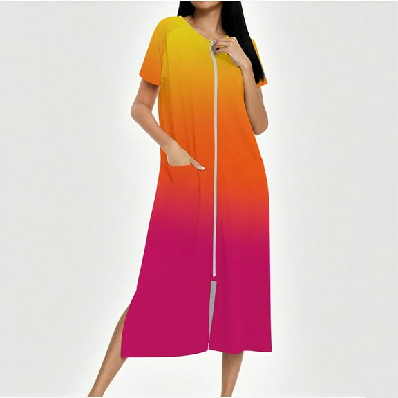 Sakmal MooMoo Nightgowns Women Zip Up Pajama Sleep Dress Crew Neck with Pockets Red Short Sleeve Ladies Nightgowns L