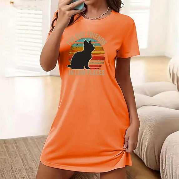 Sakmal Moomoo Dresses for Women Soft Cozy Orange Sleep Dress Cat Print Short Sleeve Crew Neck Short Nightgowns S-2XL