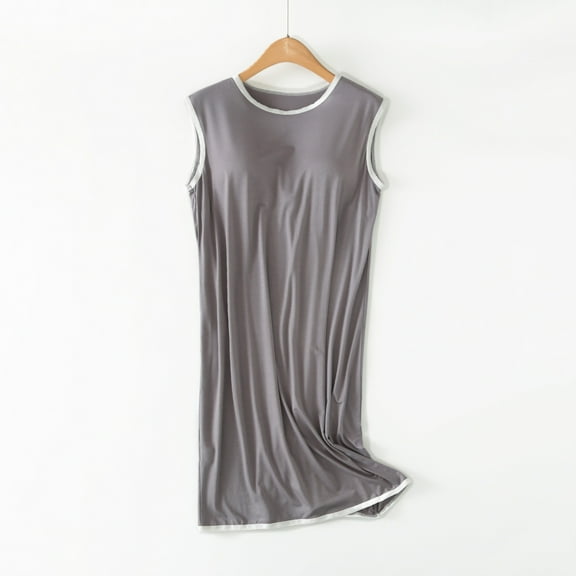 Sakmal Moomoo Night dress for Women Soft Cotton Long Gray Loungewear Sleeveless Solid Sleep Tanks with Padded