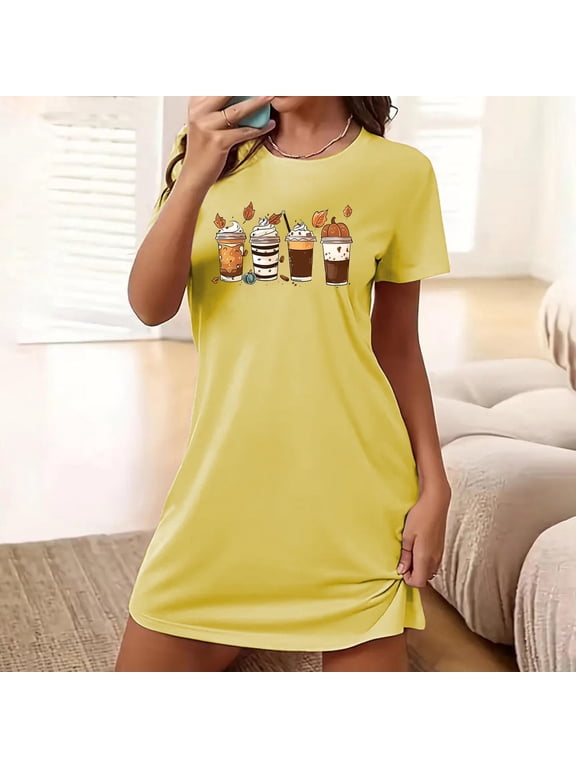 Moomoo Night dress for Women Yellow Spooky Season Short Cute Mumu Dress Pumpkin Print Short Sleeve Nightgowns for Women