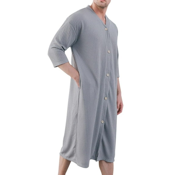 Sakmal Moomoo Nightgowns Men Soft Long Sleeve Loungewear V Neck Gray Mens Nightgown with Pockets
