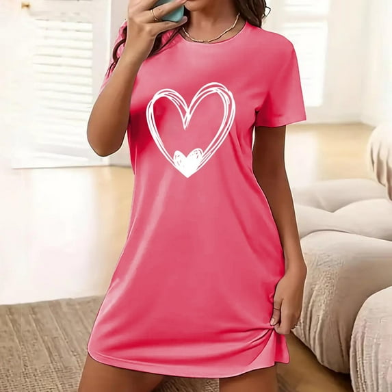 Sakmal Moomoo Nightgowns Women Soft Oversized Breathable Pink Pajama Dress Crew Neck Short Sleeve Short Heart Print Nightgowns S-2XL
