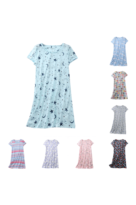 Moomoo Nightgowns for Women Cute Cotton Loungewear Starts Blue Short Sleeve Nightgowns