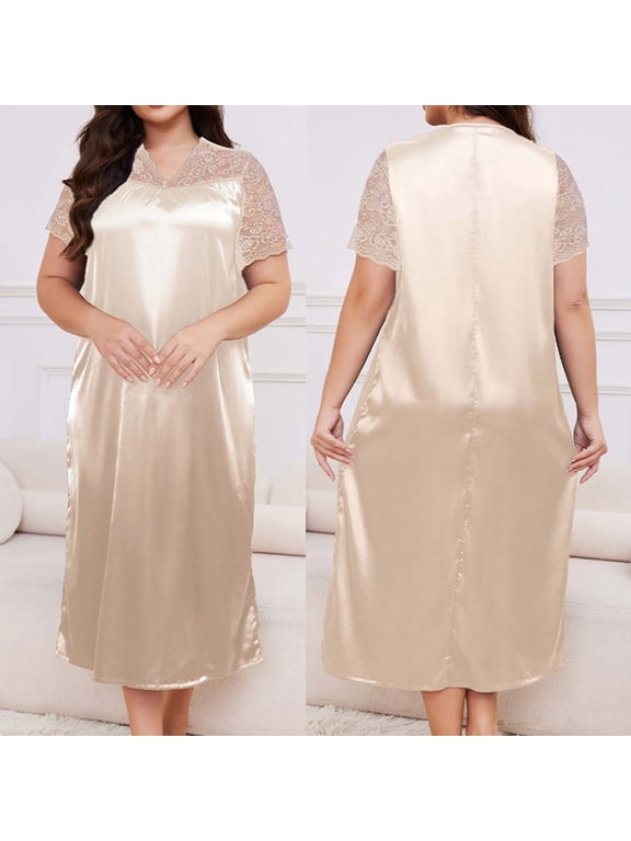 Moomoo Nightgowns for Women Lace Loungewear Beige Short Sleeve Nightgowns for Women